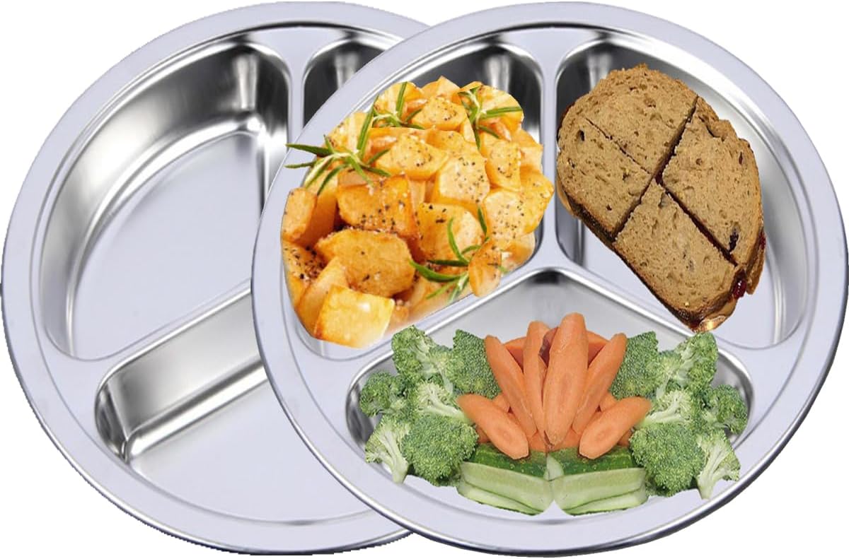 Set of 2 Stainless Steel Rectangular Divided Plates Tray 5 Sections Dinner Plates for Adults - Unbreakable Metal Plate for Campers, and Portion Control Reusable Plate