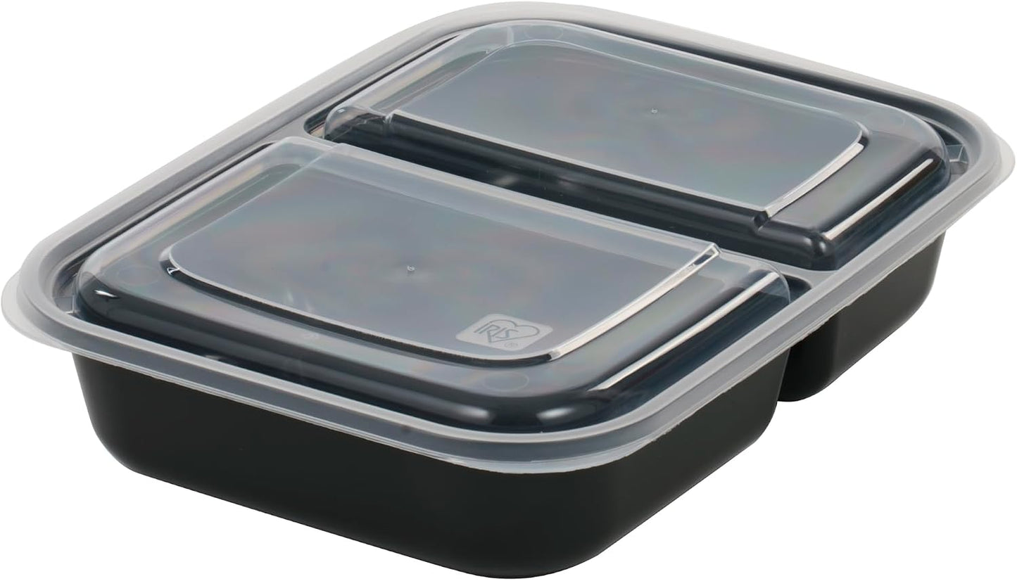 IRIS USA Meal Prep Containers, 36oz - 50 Pack (100-Piece) 3-Compartment Reusable Food Storage Containers with Lids, Plastic Kitchen Food Prep To Go Lunch Box, Microwave Freezer Dishwasher Safe, Black