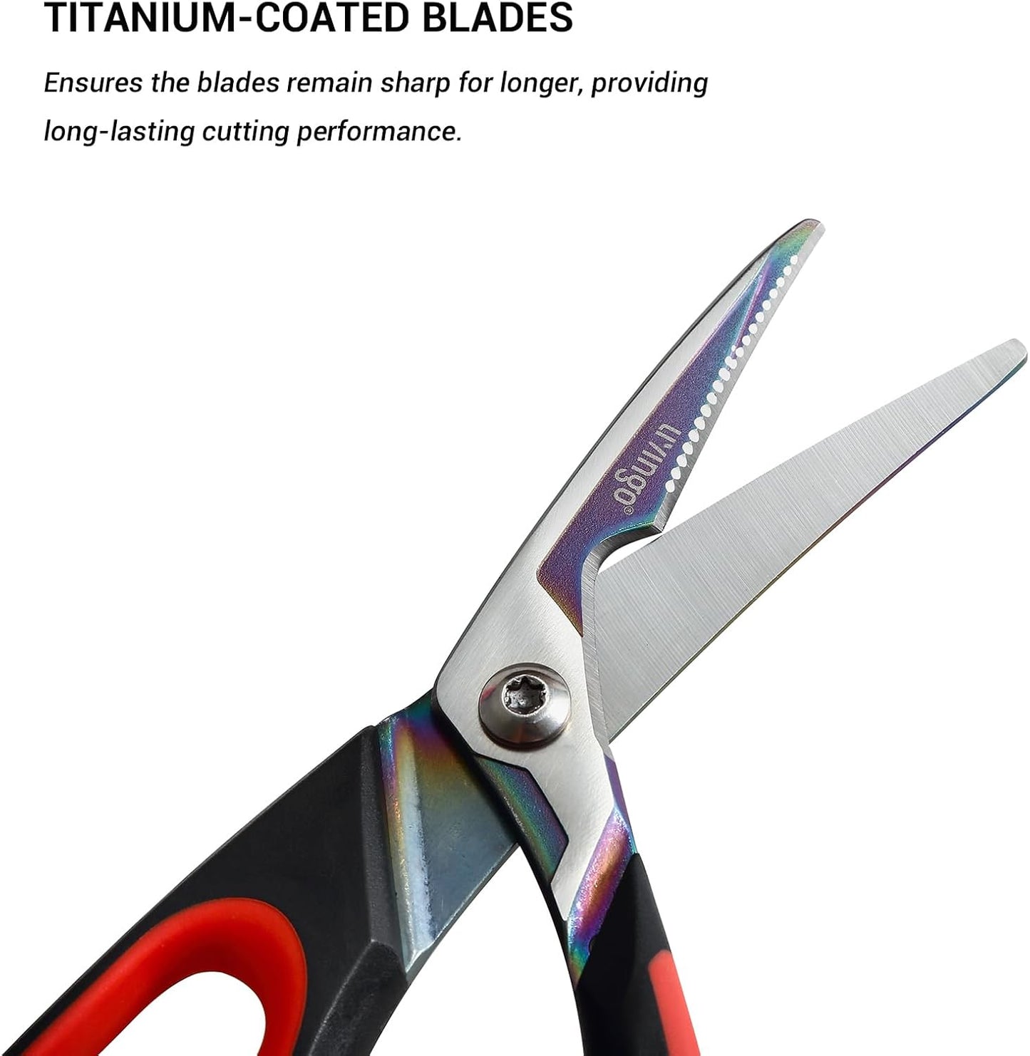 LIVINGO Heavy Duty Kitchen Shears - Titanium Coated Hot Forged Sharp Multipurpose Stainless Steel Utility Shears for Household Culinary Food Cutting Chicken Meat Cooking, Dishwasher Safe, 9.5 Inch