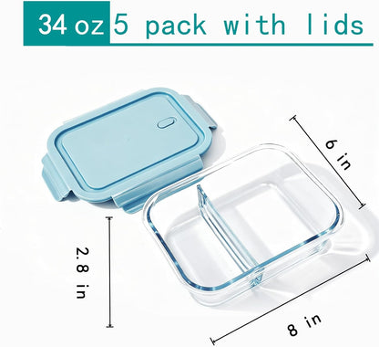 5Pack (32oz-3 Compartments with Lunch Bag) Glass Food Storage Containers with Lids for Kitchen Meal Prep, Fridge Organization, Lunch Box