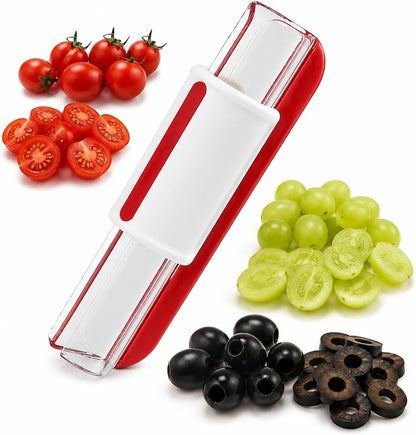 Tomato Slicer & Grape Cutter for Cherry Tomatoes – Safe Fruit Cutter with Hidden Stainless Steel Blade, Easy Push Small Fruit Slicer for Grapes, Strawberries & Snacks, Dishwasher Safe, Red