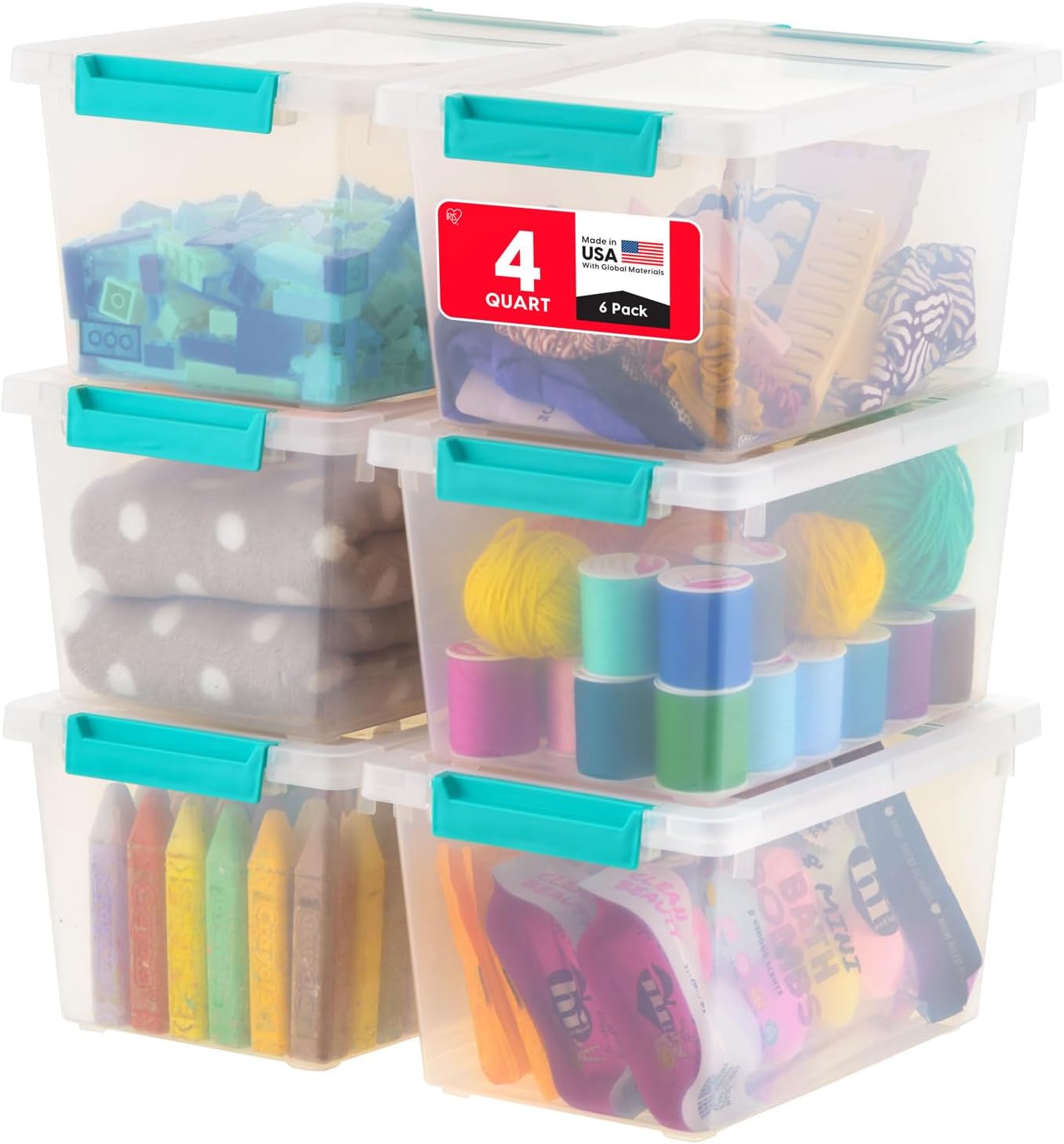 IRIS USA 12 Qt. Craft Storage Bins with Lids, 4-Pack, |Made in USA|, Clip Box, Medium Plastic Sensory Bin Tote Organizer Containers for Art Supplies, Paper, & Office, Stackable - Clear/Seafoam Blue