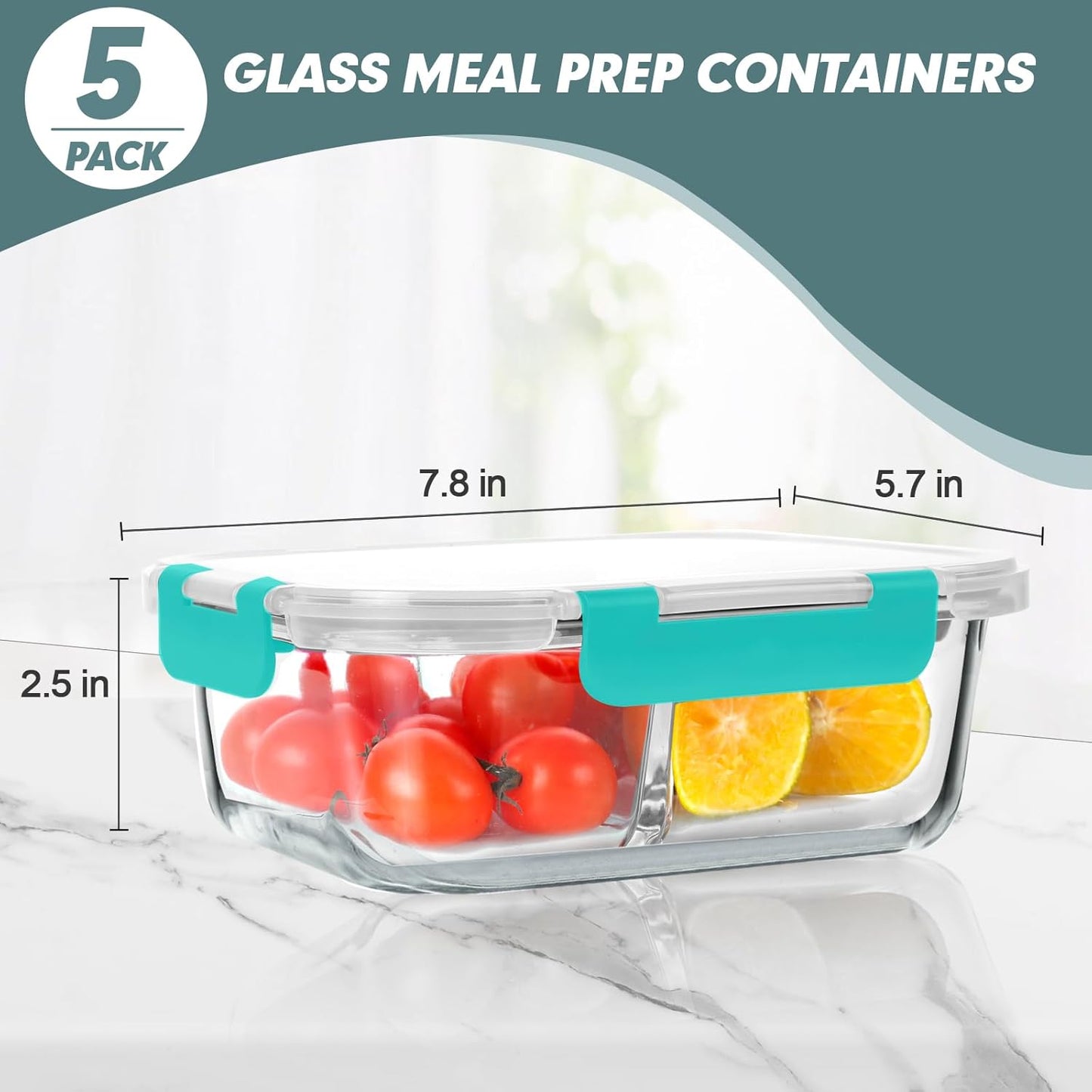 KOMUEE 30 oz 5 Pack Glass Meal Prep Containers 2 Compartments, Glass Food Storage Containers with Lids, Airtight Lunch Box, Microwave, Oven and Freezer Safe, White
