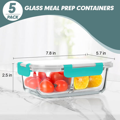 KOMUEE 30 oz 5 Pack Glass Meal Prep Containers 2 Compartments, Glass Food Storage Containers with Lids, Airtight Lunch Box, Microwave, Oven and Freezer Safe, White