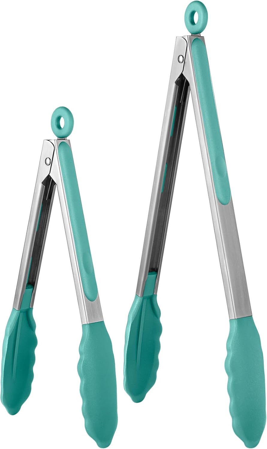600ºF Heat Resistant Kitchen Tongs: U-Taste 9 inch Silicone Cooking Tong with Firm Sealed Non Stick Rubber Tips & Silicon Coated 18/8 Stainless Steel Handle & Smooth Locking for Serving Salad (Black)