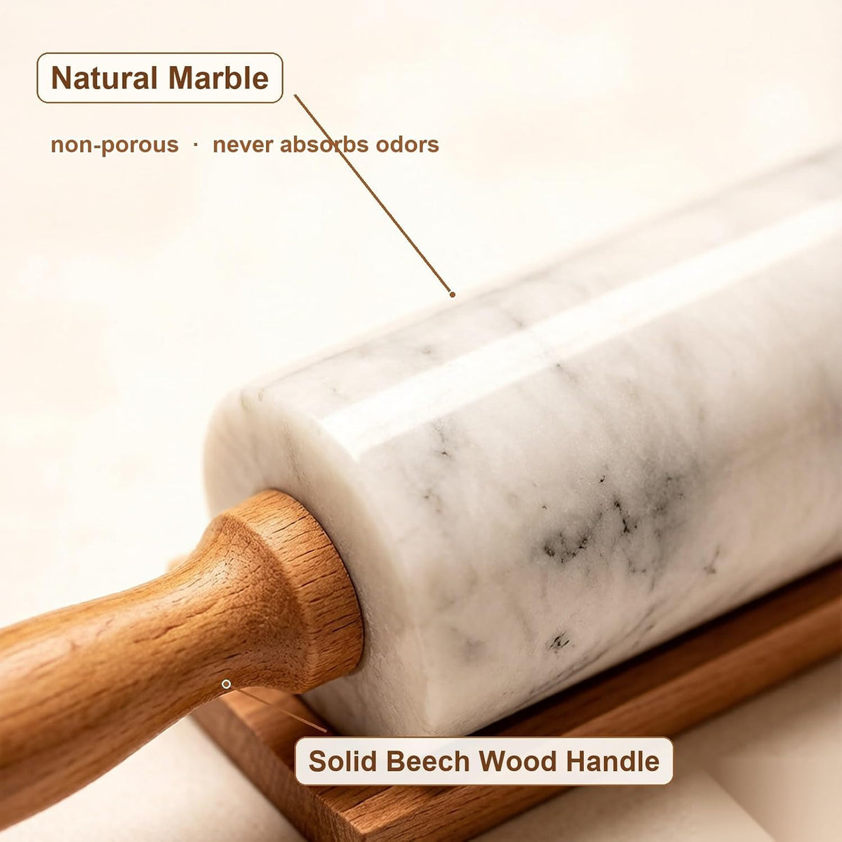 White Heavy Marble Dough Rolling Pin for Baking, 10 inch Barrel