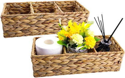 2 Pack 3-Section Woven Water Hyacinth Baskets - Handwoven Storage Bin, Rectangle Desk Organizer for Countertop, Toilet Tank Shelves, Coffee Bar & Pantry