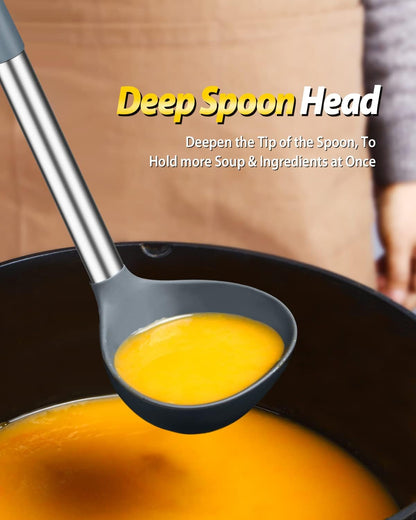 BUNDLEPRO Silicone Soup Ladle and Pasta Spoon Set, 2 Pack, Gray