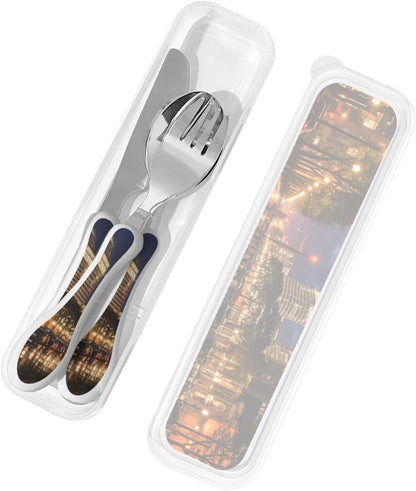3-Piece Kids Silverware Set With Storage Case, Stainless Steel Reusable Children Safe Knife Spoon Fork Set Easter Bunny Eggs Spring Flower Rabbit Children Flatware Set For Kids Lunch Box