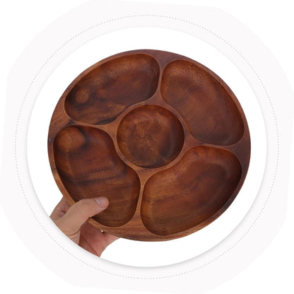 Cabilock Acacia Wood Round Snack Tray Section Serving Platter for Appetizers Fruits and Nuts Stylish Divided Design for Elegant Gatherings Easy to Clean and Maintain