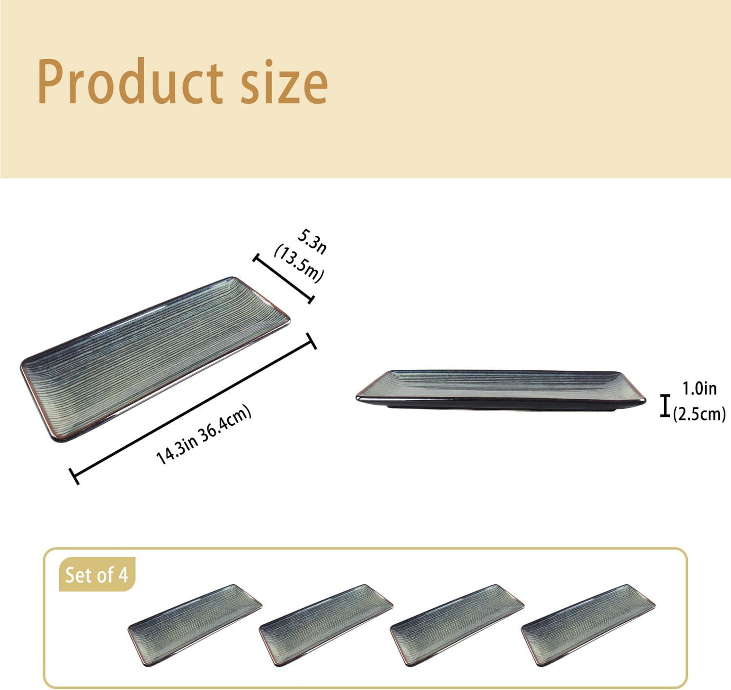 Porcelain Rectangular Plates, Large Cookie Trays, Set of 4, Shatterproof, Dishwasher-Safe, Perfect for Sushi, Baguettes, Snacks, Appetizers, Rolls, or Table Centerpieces.