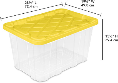 Sterilite 4-Pack 27 Gallon Industrial Storage Tote, Heavy-Duty Plastic Bins, Black/Yellow - Stackable Utility Organizers with Lids for Garage, Camping Tools, and Outdoor Gear