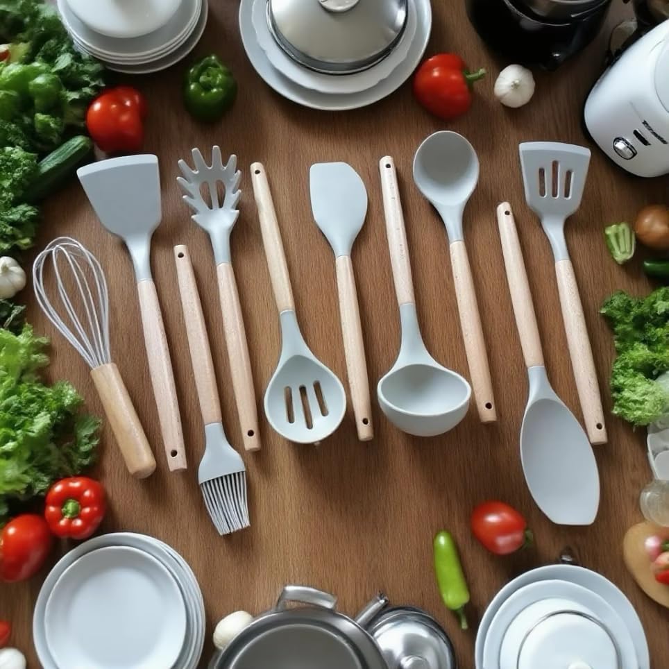 “37-Piece Silicone Kitchen khaki Utensil Set – Food-Grade Nonstick Cooking Tools with Wooden Handles, Measuring Cups & Spoons, Tongs, Spatulas, Ladle, Oven Mitt & Holder – Heat Resistant & BPA Free”