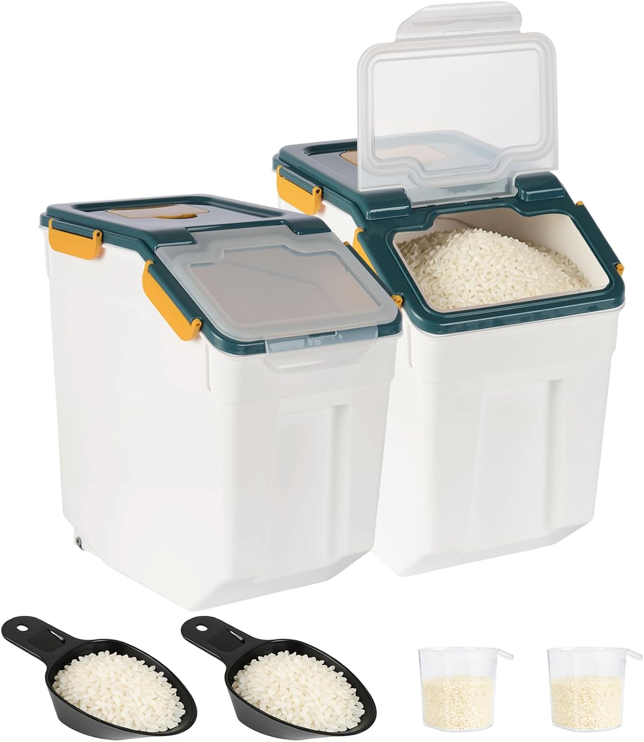4 Pack Rice Container 25 lbs Large Bulk Flour Sugar Storage Holdhouse Plastic Grain Cereal Dry Goods Bin with Spoon and Measuring Cup for Kitchen Pantry Organization - Green