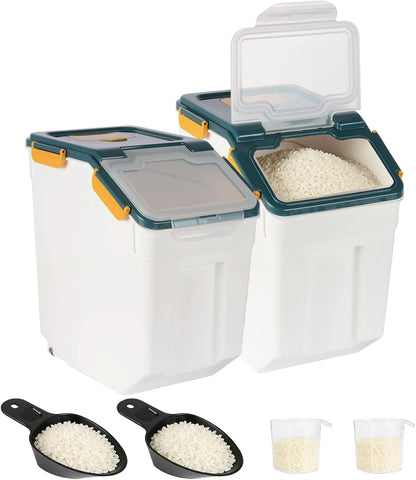 4 Pack Rice Container 25 lbs Large Bulk Flour Sugar Storage Holdhouse Plastic Grain Cereal Dry Goods Bin with Spoon and Measuring Cup for Kitchen Pantry Organization - Green