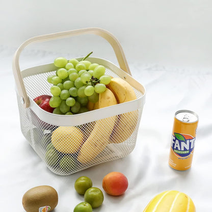 Mesh Steel Storage Organizer Basket Fruit Basket Bin with Wood Handle Ideal for Kitchen Bathroom Picnic Baskets Pantry Cabinets Storage Home Decor (White)