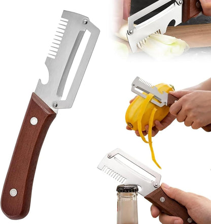 3-in-1 Vegetable Peeler with Wooden Handle - Stainless Steel Swivel Peeler, Julienne Shredder & Bottle Opener - Professional Kitchen Tool for Potatoes, Carrots, Zucchini & Salads