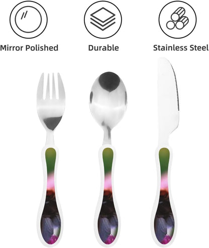 3-Piece Kids Silverware Set With Storage Case, Stainless Steel Reusable Children Safe Knife Spoon Fork Set Chinese Celadon Peacock Children Flatware Set For Kids Lunch Box