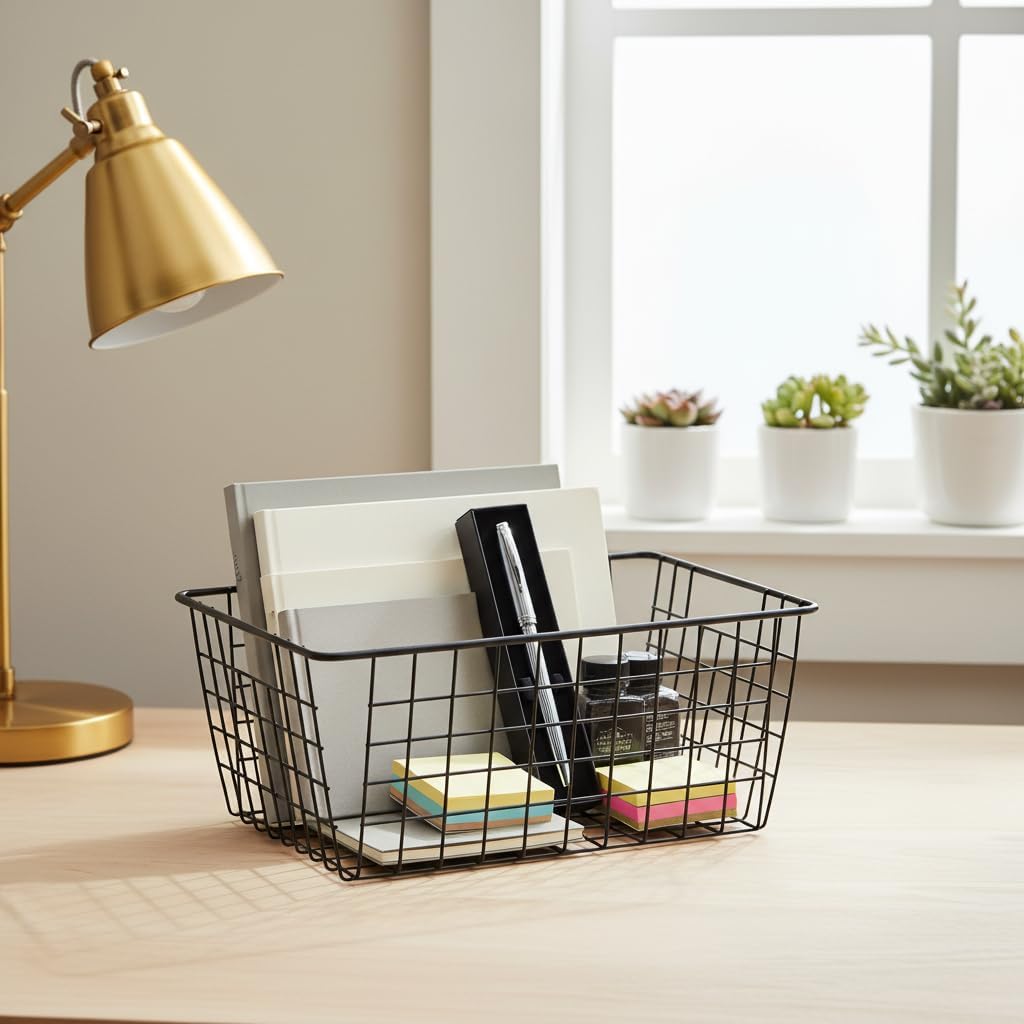Metal White Wire Basket,Food Storage Organizer with Wooden Handles, pantry organizers and storage for Organizing Kitchen Cabinets potato onion, 2 Packs