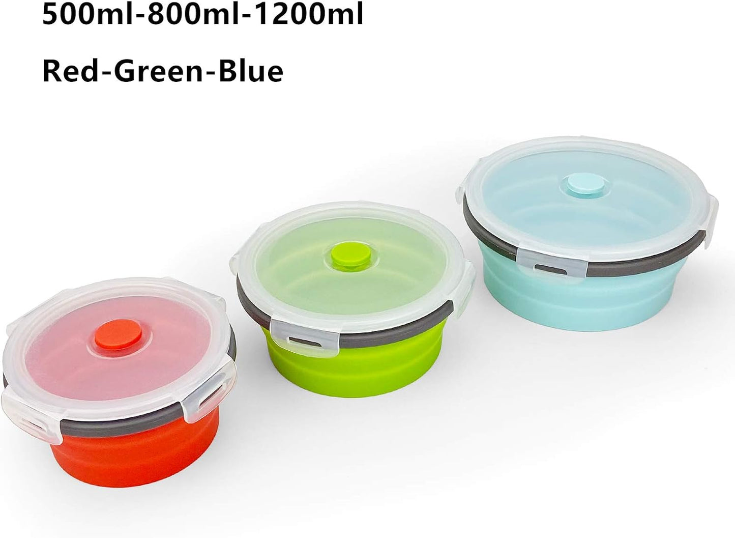 CARTINTS Round Collapsible Bowls with Lids, Reusable Silicone Food Storage Containers, 3Pack 500-800-1200ML, Stackable Space Saving, Microwave and Freezer Safe, Meal Prep Container