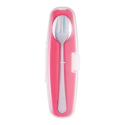Innobaby Din Din Smart Stainless Steel Spoon and Fork with Carrying Case. Utensil Set for Kids and Toddlers. BPA Free. Blue.