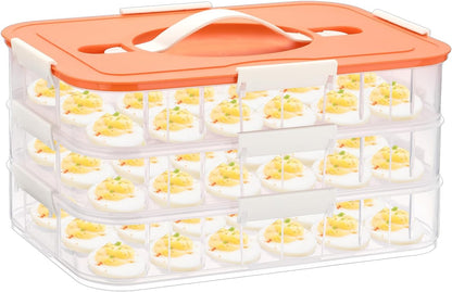 BTSKY Deviled Egg Platter with Lid, 3-Layer 54 Slots Deviled Eggs Carrier, Clear Portable Egg Holder for Fridge Reusable Deviled Eggs Tray Carton Box for Easter and Party Favor (3-Layer, Orange)