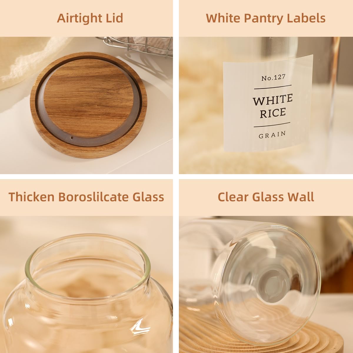 2 Pack Large Glass Flour and Sugar Storage Containers with Airtight Acacia Wood Lids and 132 Kitchen Pantey Labels Preprint - 1 Gallon Borosilicate Glass Canister Sets for Food,Pasta,Cookie,Rice