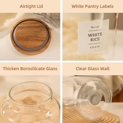 2 Pack Large Glass Flour and Sugar Storage Containers with Airtight Acacia Wood Lids and 132 Kitchen Pantey Labels Preprint - 1 Gallon Borosilicate Glass Canister Sets for Food,Pasta,Cookie,Rice