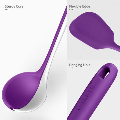 600ºF Heat Resistant Kitchen Utensil: U-Taste 13.6" Extra Long Silicone Cooking Tools Set, Food-Grade Non-Stick Solid and Slotted Turner Spatula, Mixing Spoon, and Soup Ladle (5 Pieces, Aqua Sky)