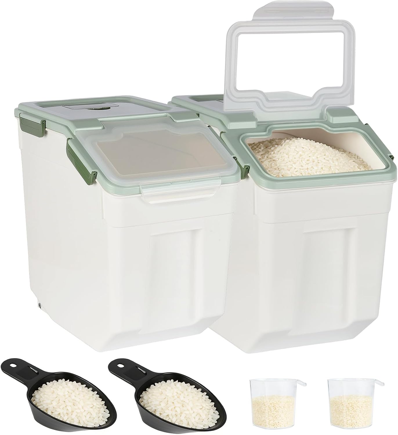 2 Pack Rice Container 50 lbs Large Bulk Flour Sugar Storage Holdhouse Plastic Grain Cereal Dry Goods Bin with Spoon and Measuring Cup for Kitchen Pantry Organization - Green