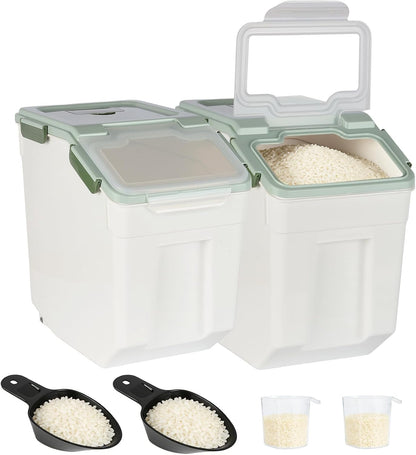 2 Pack Rice Container 50 lbs Large Bulk Flour Sugar Storage Holdhouse Plastic Grain Cereal Dry Goods Bin with Spoon and Measuring Cup for Kitchen Pantry Organization - Green
