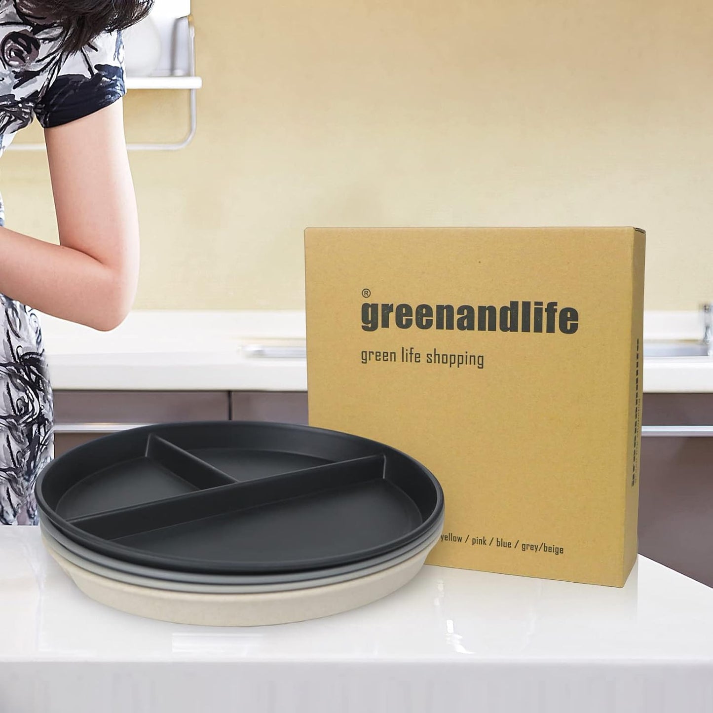 greenandlife 9 Inch 4PCS Portion Control Plates with Lids, Divided Plates for Kids Adults, Dishwasher Microwave Safe Compartment Plate, Unbreakable Lightweight Reusable Wheat Straw Plate, Earth Tone