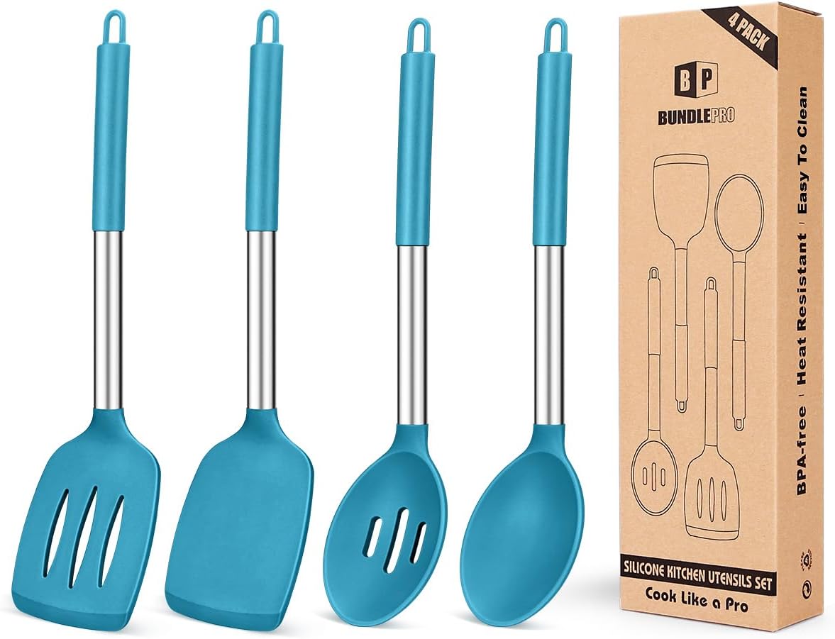 Pack of 4 Silicone Cooking Utensils Set, Non Stick Large Solid Spatulas, Heat Resistant Black Slotted Spoons, Ideal BPA Free Kitchen Turners for Frying, Mixing,Serving,Draining,Turning,Stirring