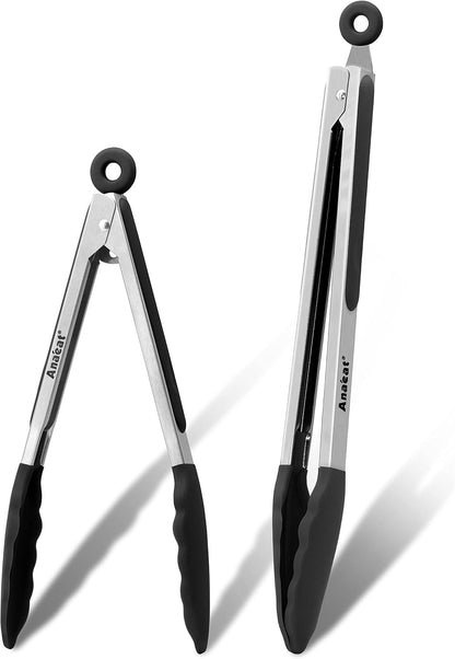Anaeat Premium Kitchen Locking Tong Set of 3 - Heavy Duty Stainless Steel Food Tongs with Long Handle & Non-Slip Silicone Grip for Cooking, Baking, Grilling - Heat Resistant up to 480°F