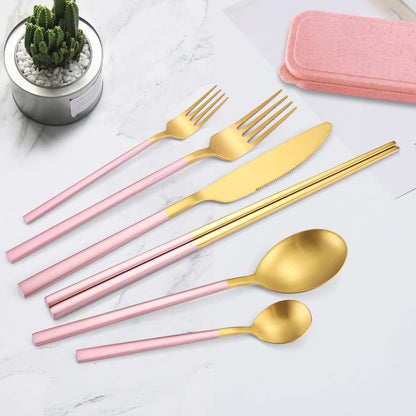 AARAINBOW 6 Pieces 18/8 Stainless Steel Flatware Set Portable Reusable Cutlery Set Travel Utensils Set Including Chopsticks Knife Fork Spoon Straws Cleaning Brush Dishwasher Safe (Green golden)