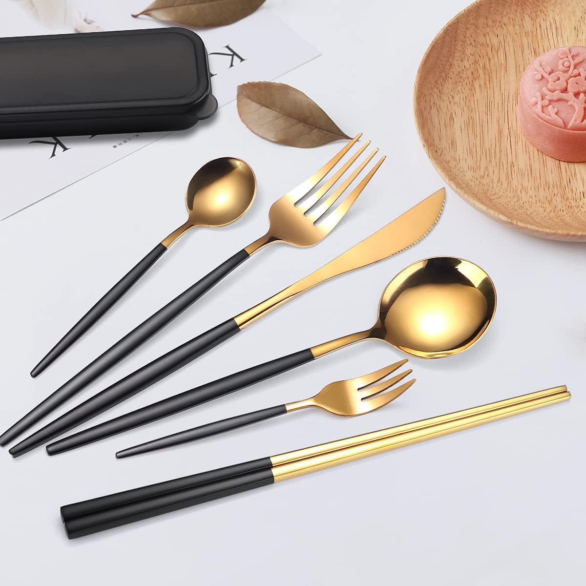 AARAINBOW 8 Pieces Stainless Steel Flatware Set Portable Reusable Cutlery Set Travel Utensils Set Including Chopsticks Knife Fork Spoon Straws Cleaning Brush Dishwasher Safe (Pink Golden)