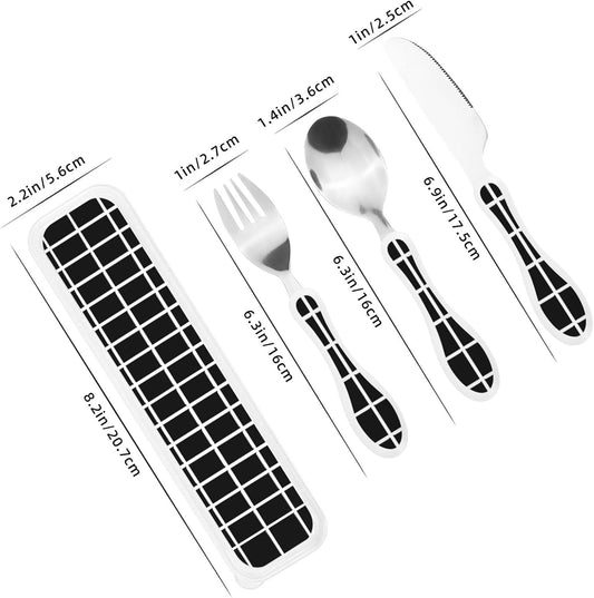 3-Piece Kids Silverware Set With Storage Case, Stainless Steel Reusable Children Safe Knife Spoon Fork Set Black And White Grid Children Flatware Set For Kids Lunch Box
