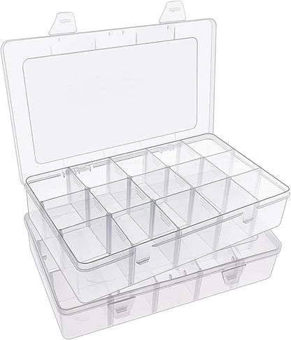 SGHUO 3 Pack 15 Grids Large Plastic Storage Organizer Box,15 Compartments with Dividers for Tackle Box, Beads, Washi Tape, Ribbon, Crafts, Art Supply 10.9X6.5X2.2inch