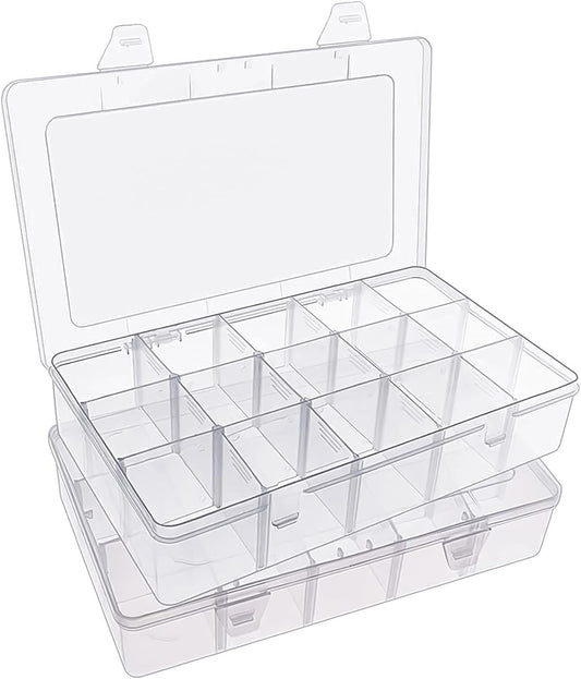SGHUO 3 Pack 15 Grids Large Plastic Storage Organizer Box,15 Compartments with Dividers for Tackle Box, Beads, Washi Tape, Ribbon, Crafts, Art Supply 10.9X6.5X2.2inch