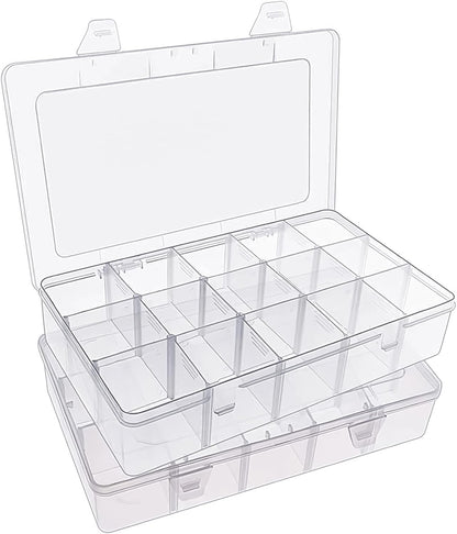 SGHUO 3 Pack 15 Grids Large Plastic Storage Organizer Box,15 Compartments with Dividers for Tackle Box, Beads, Washi Tape, Ribbon, Crafts, Art Supply 10.9X6.5X2.2inch