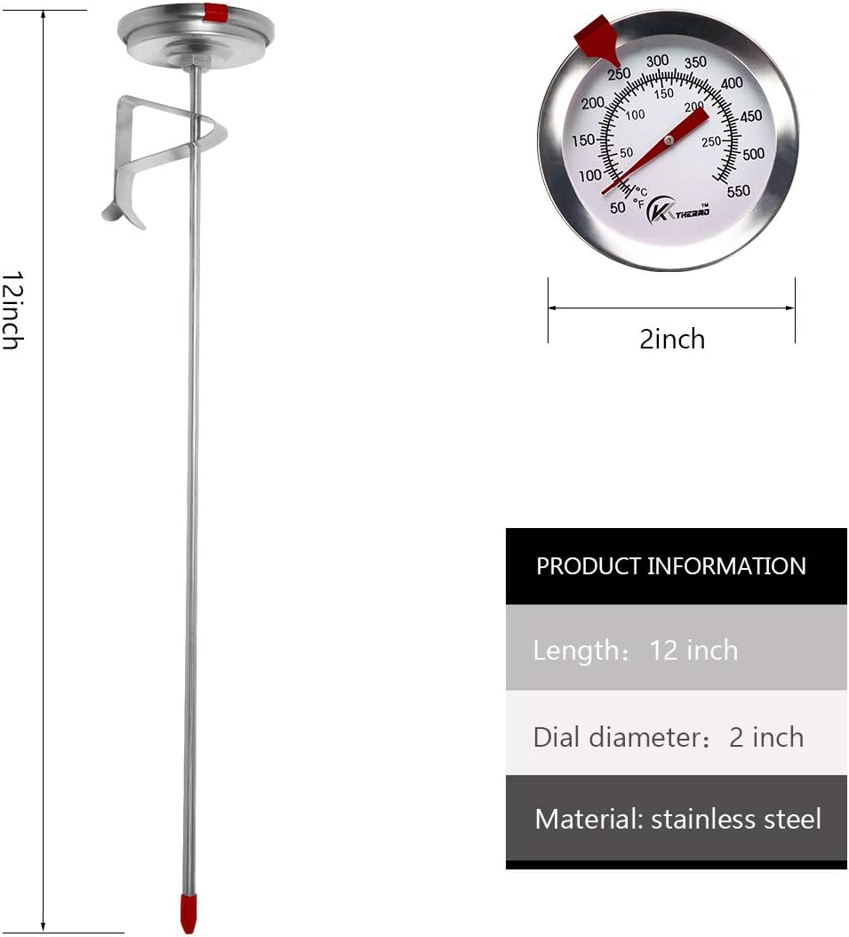 KT THERMO Candy/Deep Fry Thermometer with Instant Read,Dial Thermometer,12" Stainless Steel Stem Meat Cooking Thermometer,Best for Turkey,BBQ,Grill,Analog display