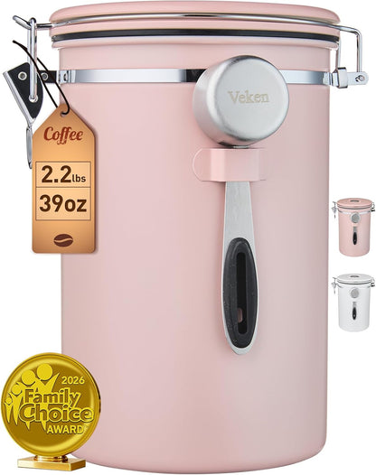 Veken Coffee Canister with Window, Family Choice Awards Winner, Airtight Stainless Steel Home Kitchen Food Storage Container with Lids for Grounds, Beans, Tea, Flour,Cereal,Sugar Jars,Scoop,16OZ,Black