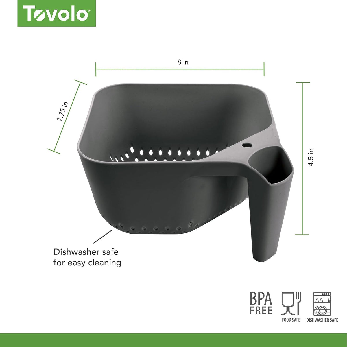 Tovolo Elements Square Colander with Handle Strainer Basket for Pasta Fruit Berries Veggies, Easy to Clean BPA Free Heat Resistant Plastic Colander with Spout 3 Quart Kitchen Strainer, Oatmeal