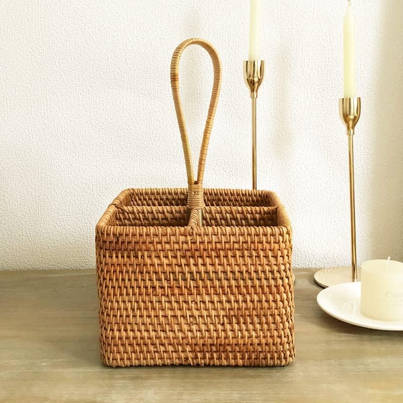 i-lan Set of 2 Rattan Utensil Caddy with Handle (7 Inch) - 4-Section Woven Wicker Silverware Holder for Tea Bags & Condiments, Boho Divided Organizer Basket for Kitchen Countertop, Party & Picnic