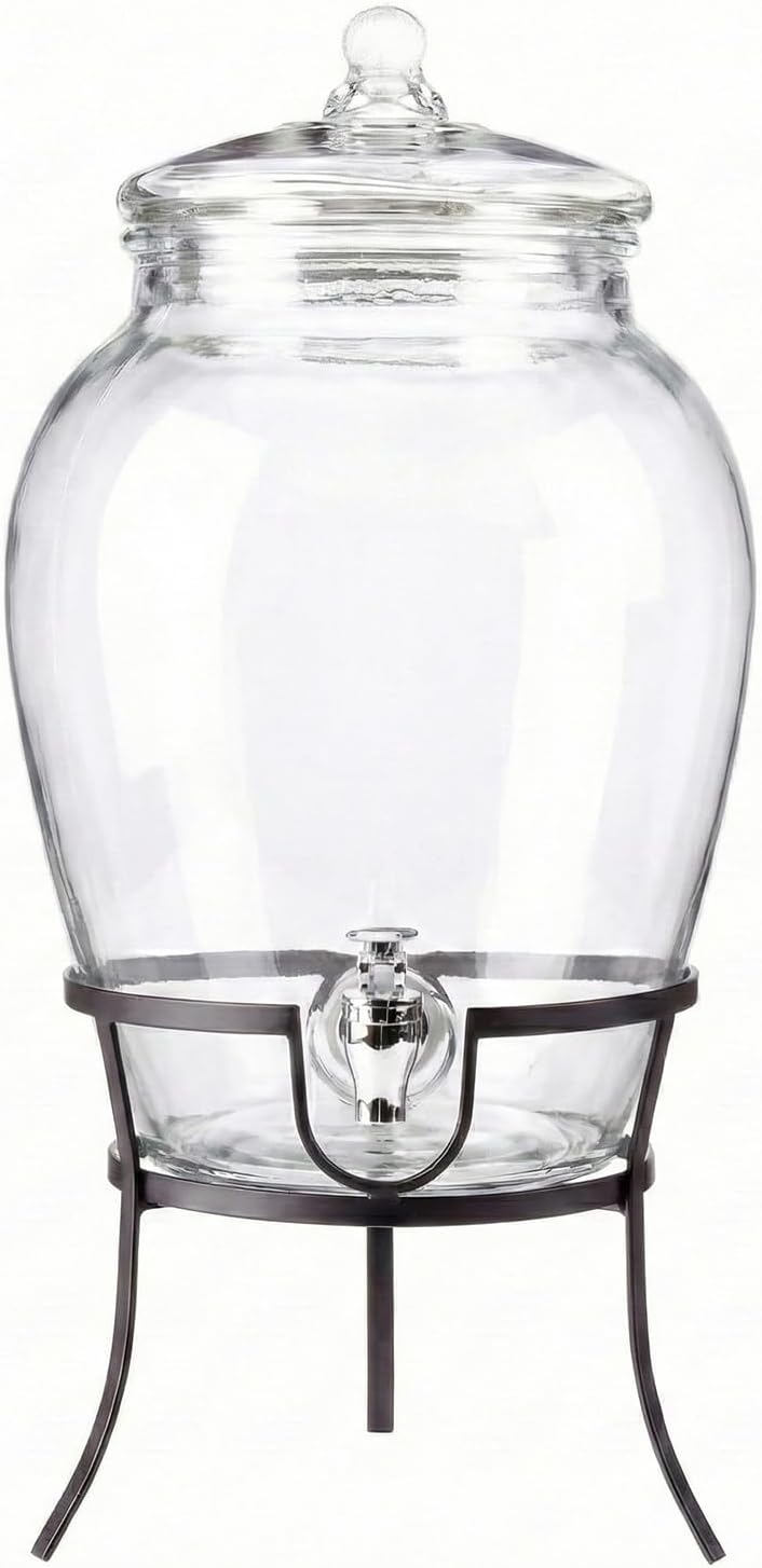 Style Setter Beverage Dispenser Cold Drink Dispenser Glass Jug, Metal Stand & Leak-Proof Acrylic Spigot Great for Parties, Weddings & More (With Metal Rack)