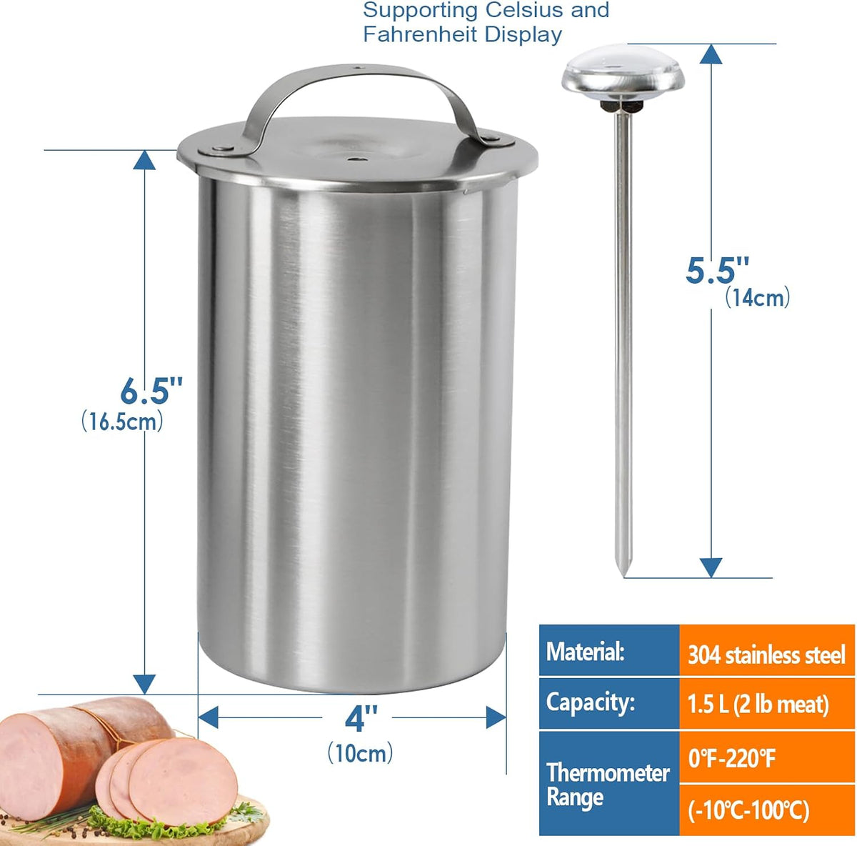 Stainless Steel Ham Maker Meat Press Cooker for Making Healthy Homemade Deli Meat with Thermometer - Kitchen Bacon Pressure Cookers Boiler Pot Pan Stove