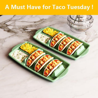 Reusable Silicone Taco Holder Set of 2, Taco Plates with Dividers & Dip Bowls, Taco Shell Holds 3 Taco Shells Stand, Microwave & Dishwasher Safe, Non-Slip Base, Taco Bar Serving for Party