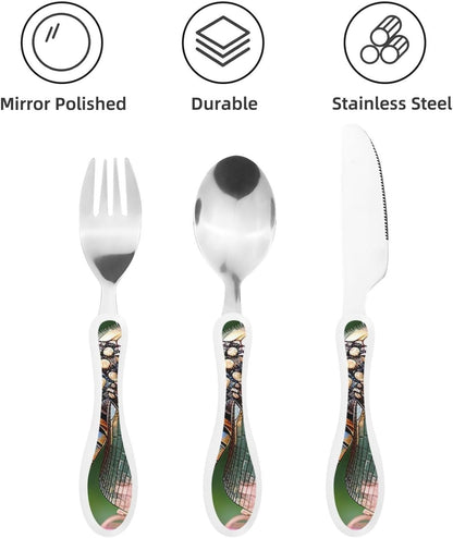 3-Piece Kids Silverware Set With Storage Case, Stainless Steel Reusable Children Safe Knife Spoon Fork Set Dragonfly Insects Flowers Children Flatware Set For Kids Lunch Box
