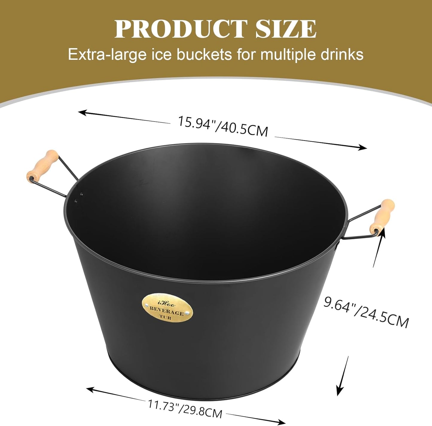 5.5 Gallon Large Beverage Tubs for Parties, 21L Galvanized Ice Bucket with Wooden Handles for Beer, Wine, Cocktails & Outdoor Events -Black
