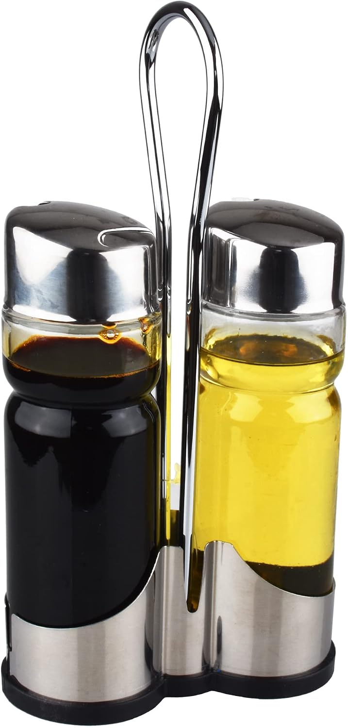 Salt and Pepper shakers, Oil and Vinegar Dispenser Set with Stainless Steel Holder (Salt & Pepper + Oil & Vinegar)
